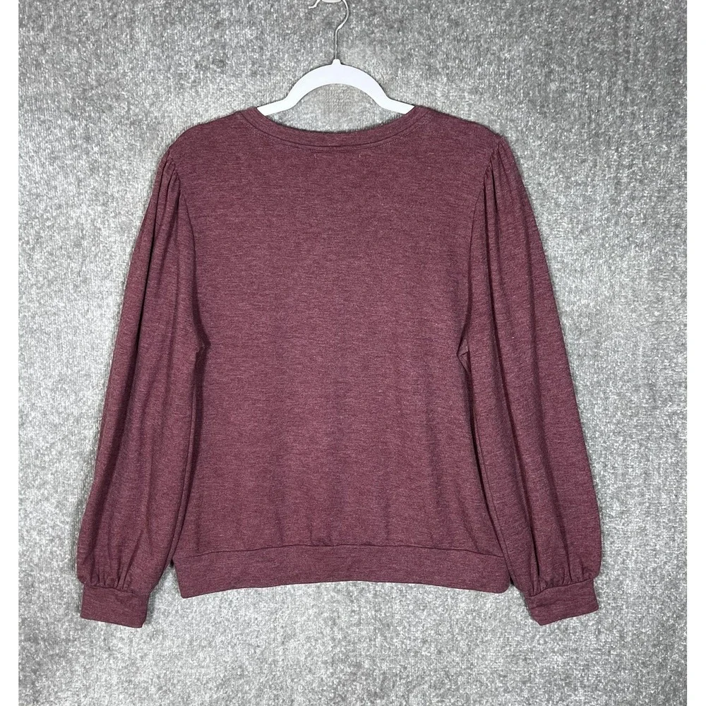 Knox Rose Top Womens Size Large Maroon Stretch Long Pleated Puff Sleeve Pullover - Picture 2 of 6